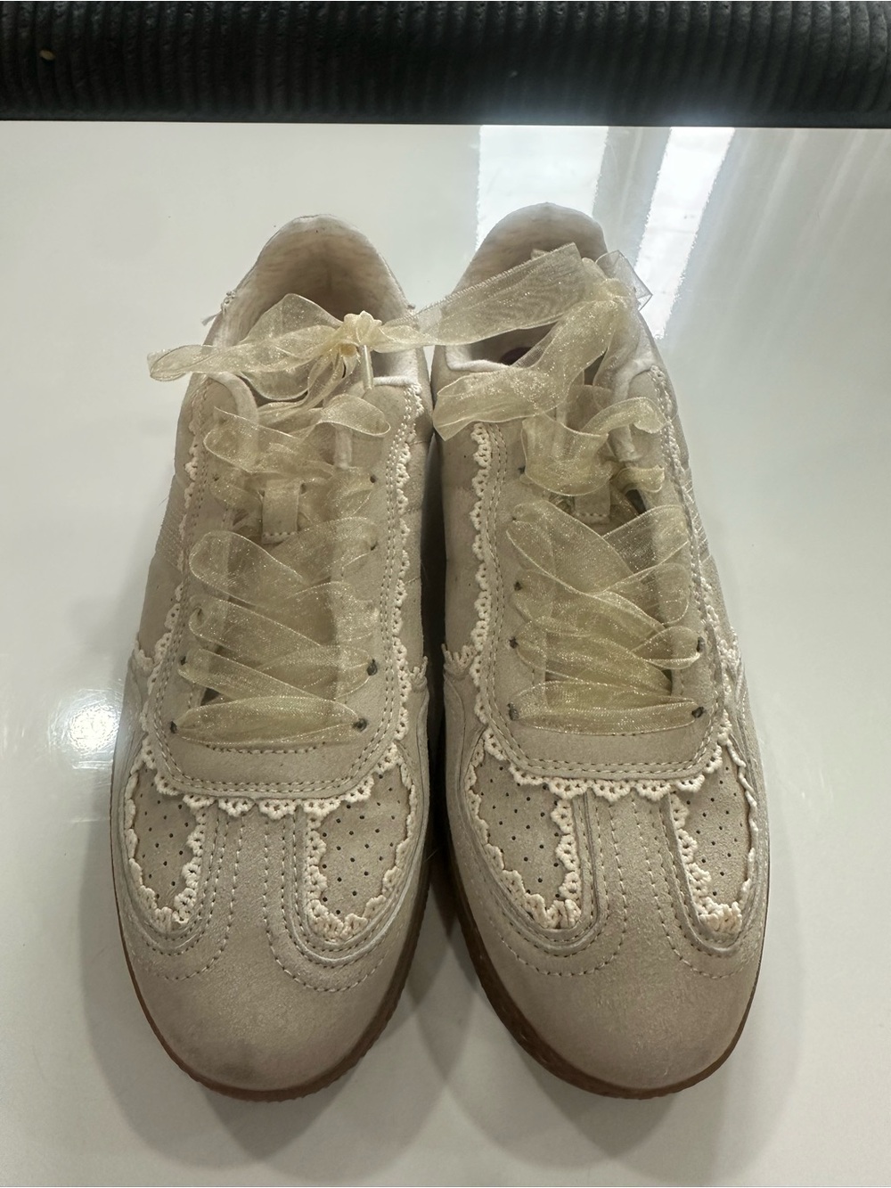 Sincerely Jules Cream Suede Lace-Trim Sneakers